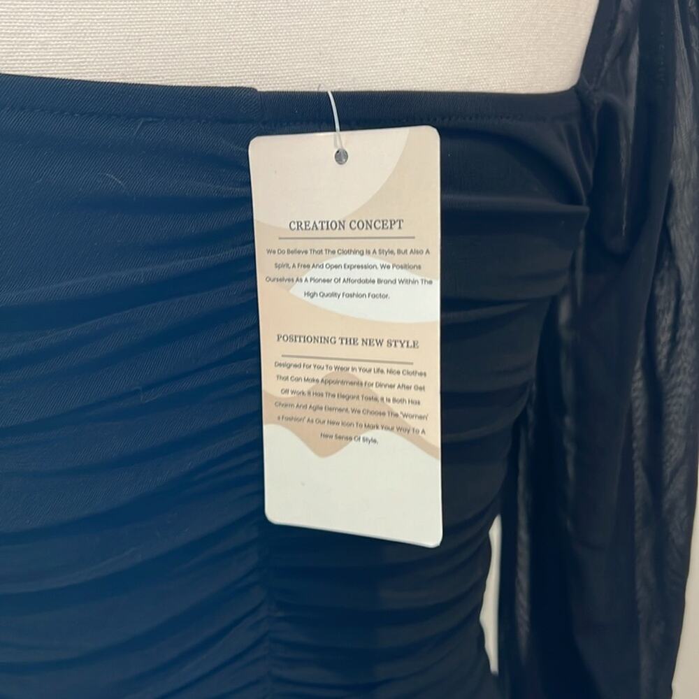 NEW Square Neck Long Sleeve Mini Ruched Bodycon Dress Stretch Cocktail Small S - Picture 8 of 16